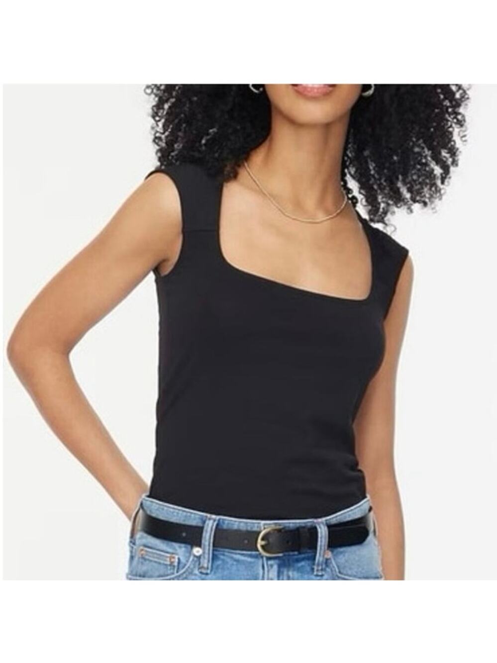 NWT J.Crew Factory Cap-Sleeve Stretch Cotton-Blend Squareneck Tank Black Large